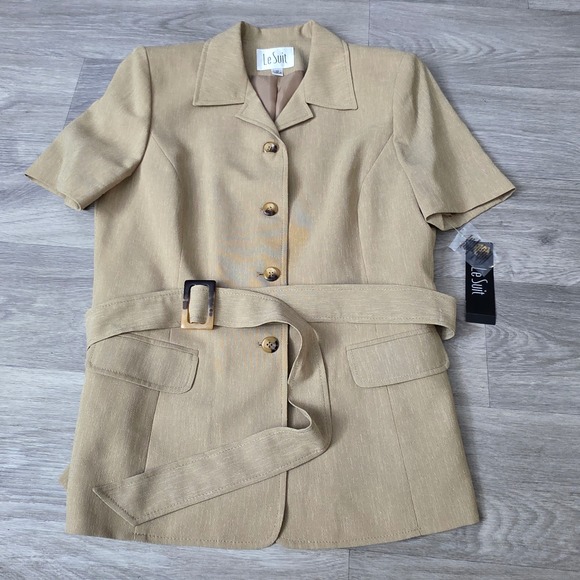 Le Suit‎ Belted Blazer Dress Short Sleeve Button Front Career Tan Size 12 - Picture 1 of 5